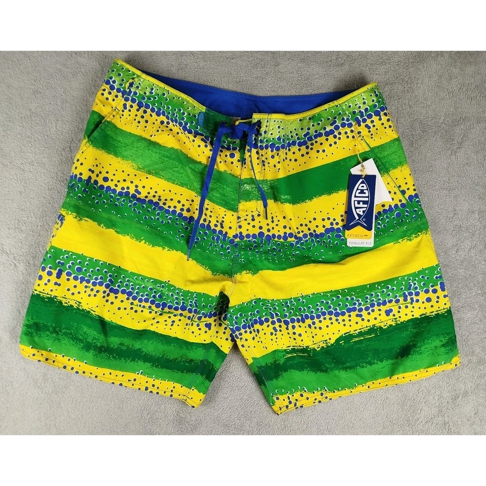 AFTCO Do Ray Me Green Yellow Swim Board Shorts Mens 40 Tackle Co Pockets Surf